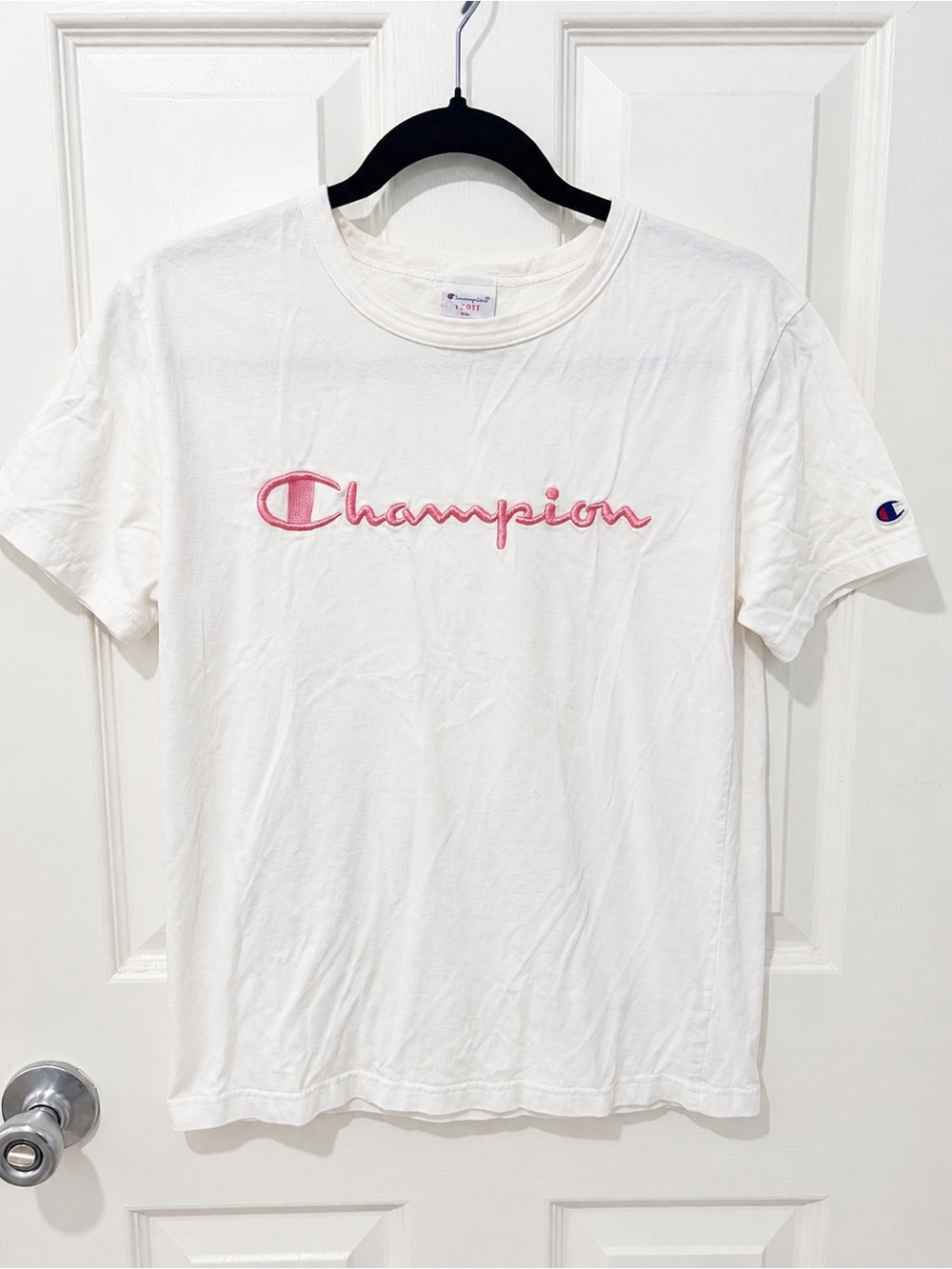 Champion White Tee with Pink Script Logo